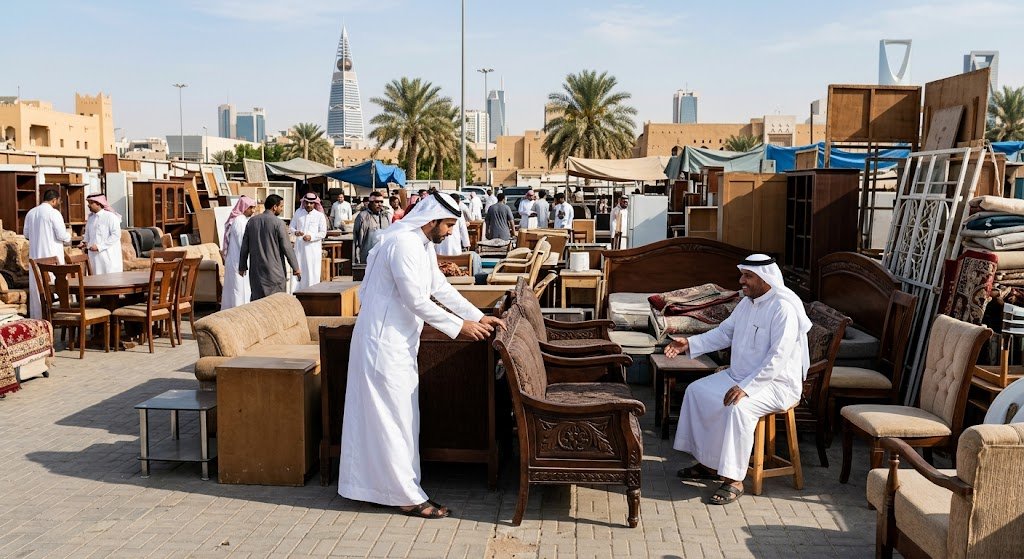 عمال متخصصون يقومون بفحص وتقييم وتحميل الأثاث المنزلي والمكتبي بعناية داخل سيارات نقل مجهزة ضمن أعمال شراء الاثاث المستعمل حي الملز بالرياض لضمان تقديم أفضل الأسعار وإتمام عملية البيع بسرعة وموثوقية