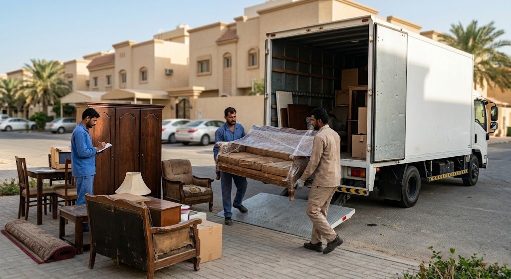 عمال متخصصون يقومون بفحص وتقييم وتحميل الأثاث المنزلي بعناية داخل سيارات نقل مجهزة ضمن أعمال شراء اثاث مستعمل شمال الرياض لضمان تقديم أفضل الأسعار وإتمام عملية النقل بسرعة وأمان