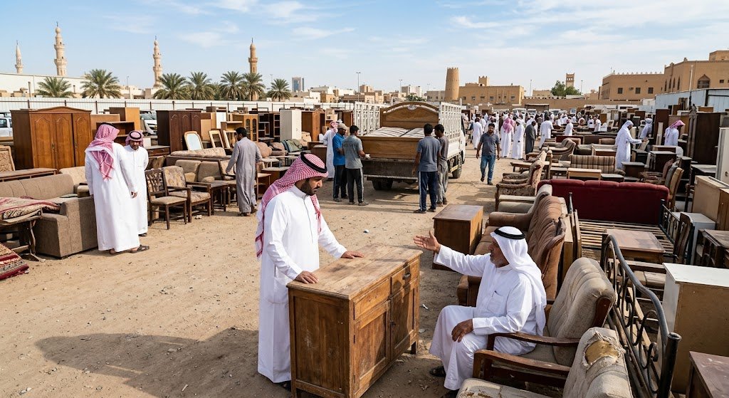 شخص يتصفح دليلاً إلكترونياً على جهاز لوحي لتقييم وبيع الأثاث المستعمل في الرياض، مع ظهور خلفية لغرفة معيشة مرتبة ومجهزة استعداداً لعملية البيع دليل بيع الأثاث المستعمل بالرياض – نصائح ومقالات مفيدة