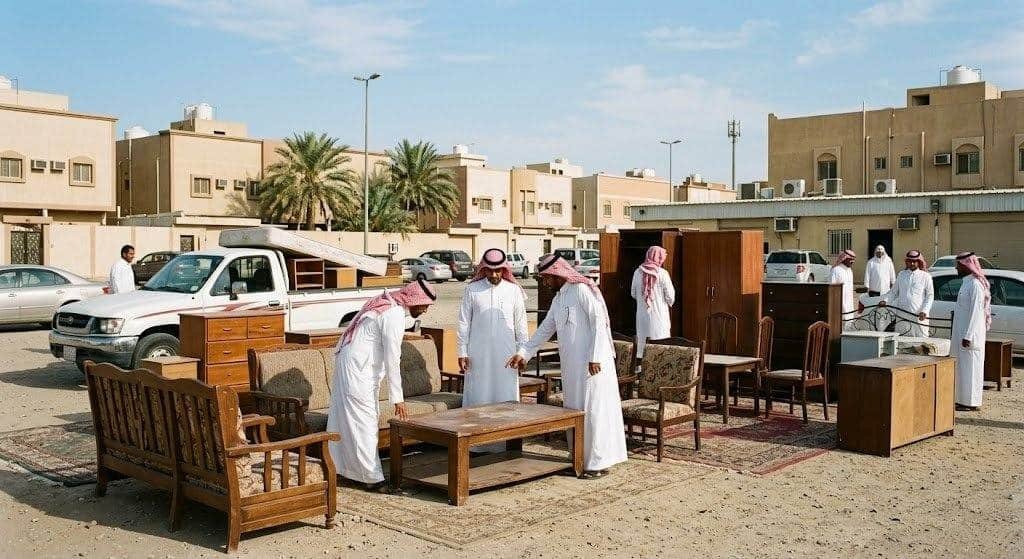 فريق عمل محترف يقوم بفحص وتقييم الأثاث المنزلي بعناية ضمن خدمات شراء الاثاث المستعمل حي النفل بالرياض لضمان تقديم أفضل الأسعار وتوفير تجربة مريحة وسريعة.